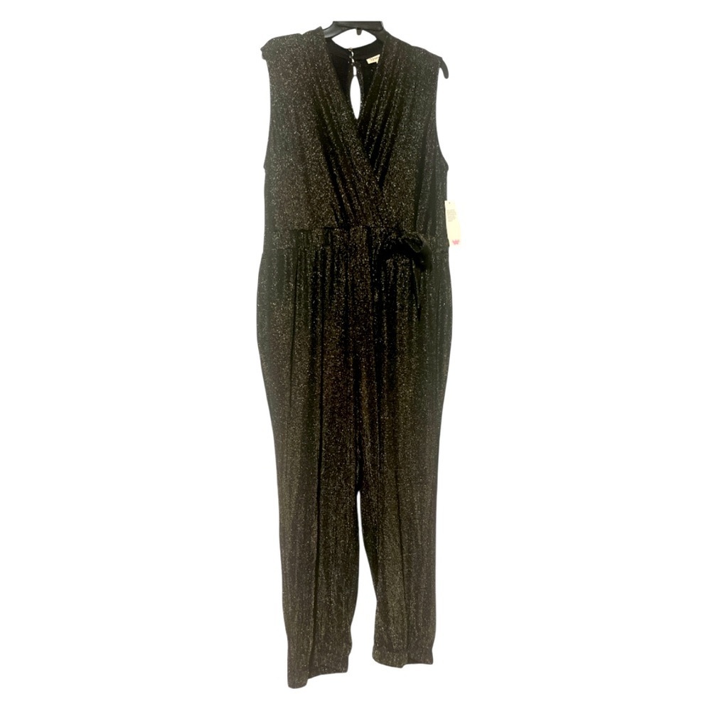 52seven Womens Jumpsuit Surplice Tie Waist Sleeveless Metallic Black Gold 2X NWT